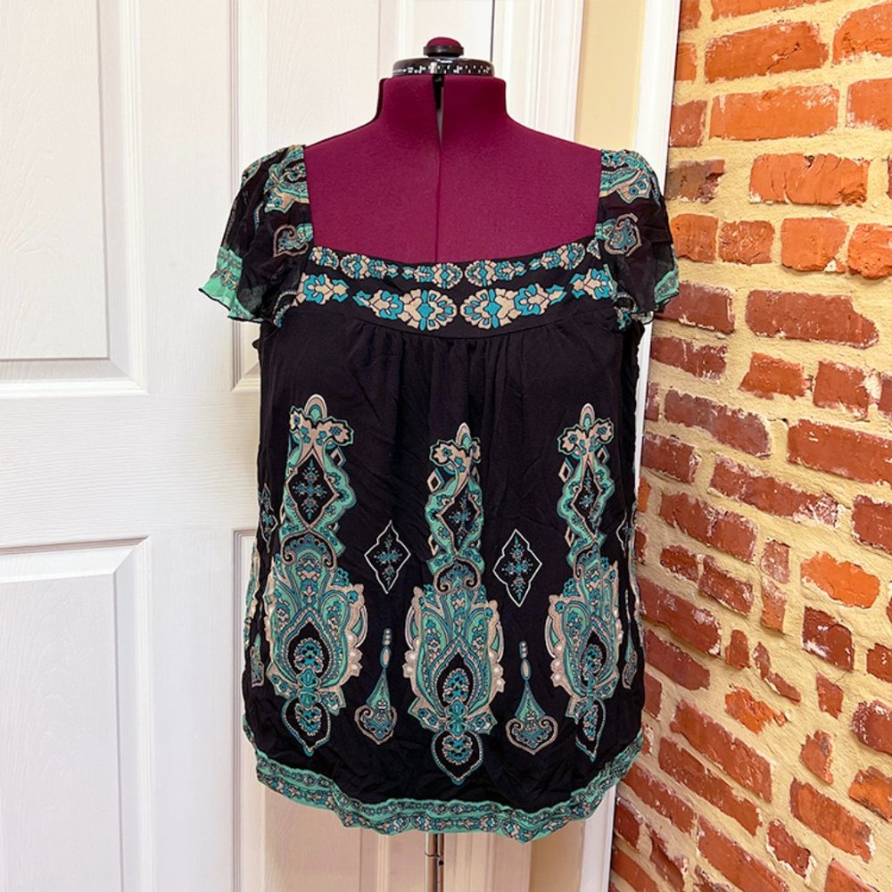 INC International Concepts Green & Tan Paisley Boho Square Neck A-Line Top